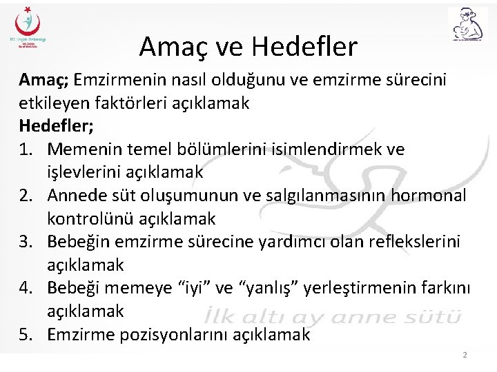 Amaç ve Hedefler Amaç; Emzirmenin nasıl olduğunu ve emzirme sürecini etkileyen faktörleri açıklamak Hedefler;