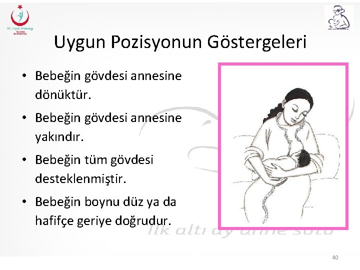 Uygun Pozisyonun Göstergeleri • Bebeğin gövdesi annesine dönüktür. • Bebeğin gövdesi annesine yakındır. •