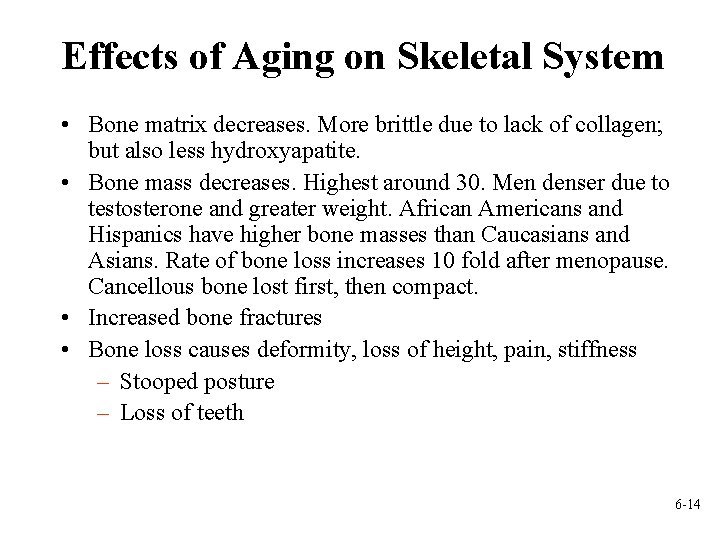 Effects of Aging on Skeletal System • Bone matrix decreases. More brittle due to
