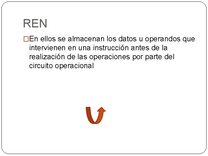REN �En ellos se almacenan los datos u operandos que intervienen en una instrucción REN �En ellos se almacenan los datos u operandos que intervienen en una instrucción