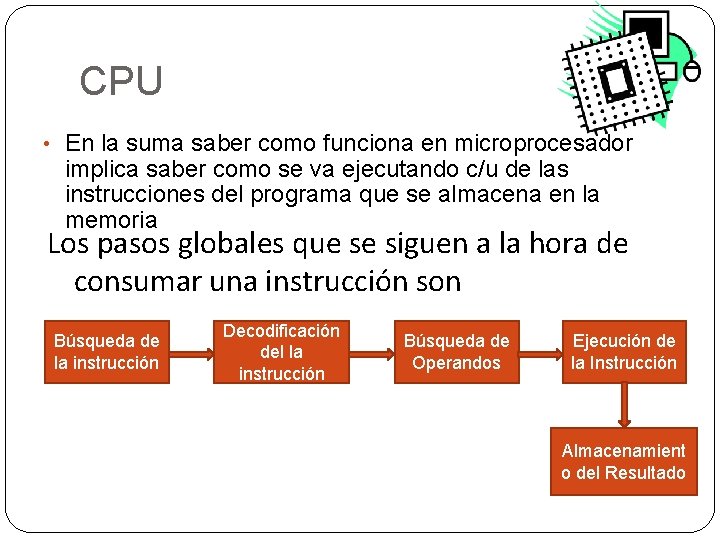 CPU • En la suma saber como funciona en microprocesador implica saber como se CPU • En la suma saber como funciona en microprocesador implica saber como se