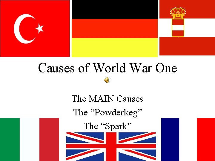 Causes of World War One The MAIN Causes The “Powderkeg” The “Spark” 