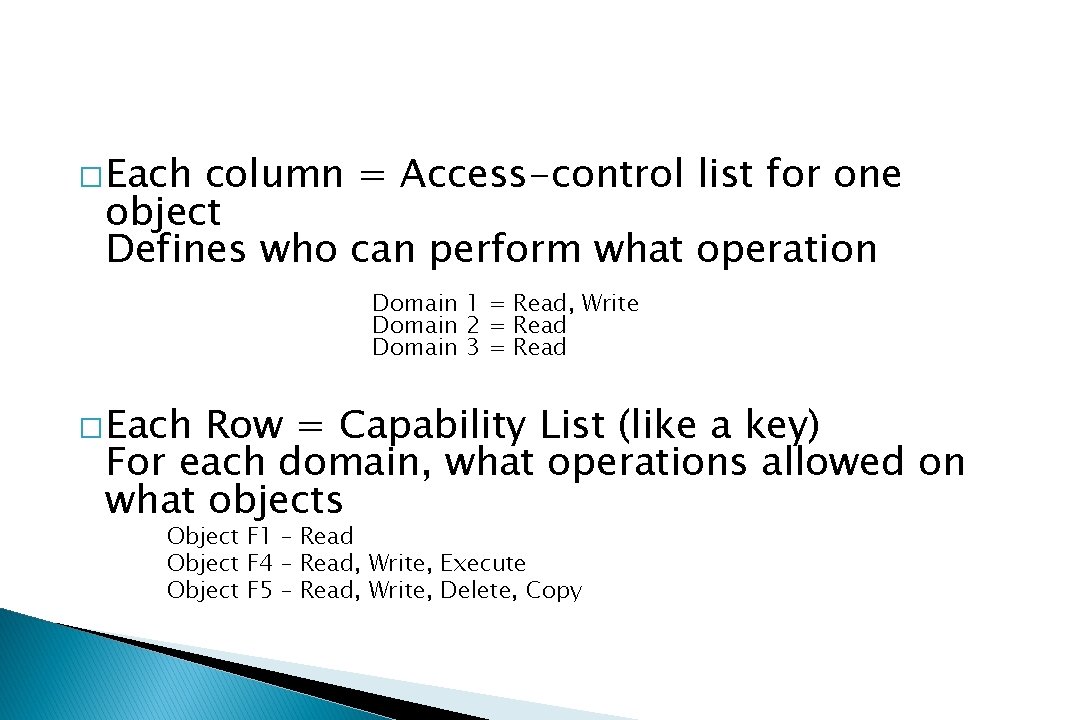 � Each column = Access-control list for one object Defines who can perform what