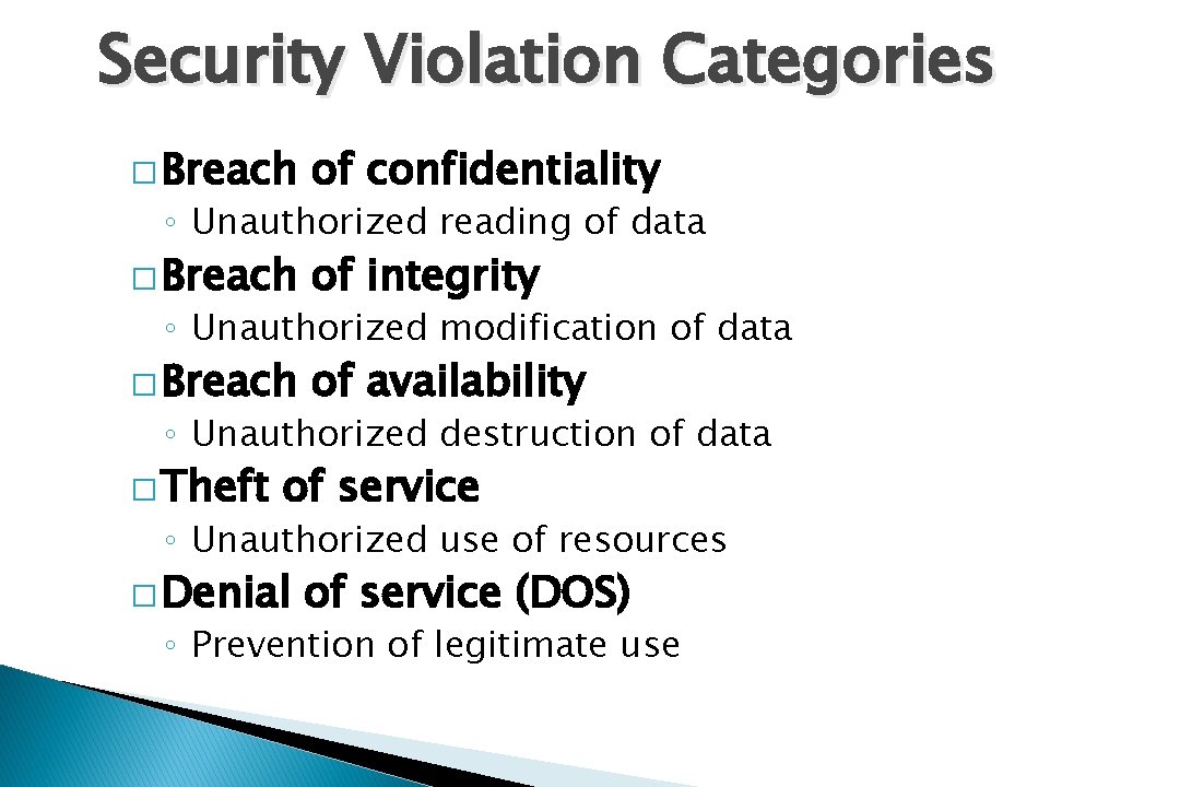 Security Violation Categories � Breach of confidentiality � Breach of integrity � Breach of