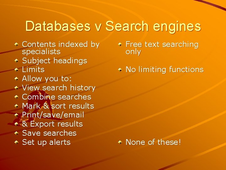 Databases v Search engines Contents indexed by specialists Subject headings Limits Allow you to: