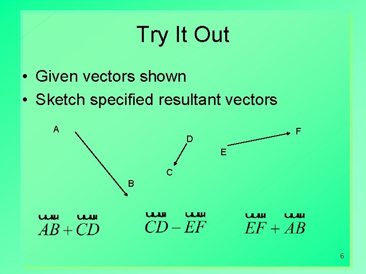 Try It Out • Given vectors shown • Sketch specified resultant vectors A F