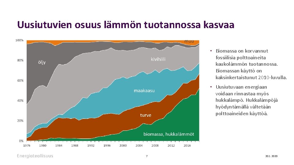 Uusiutuvien osuus lämmön tuotannossa kasvaa • Biomassa on korvannut fossiilisia polttoaineita kaukolämmön tuotannossa. Biomassan