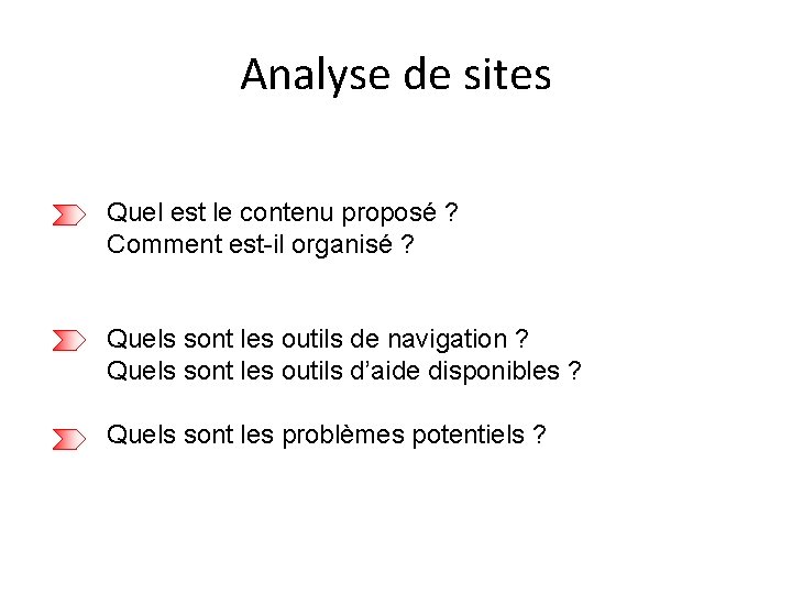 Analyse de sites Quel est le contenu proposé ? Comment est-il organisé ? Quels