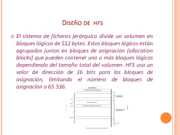 DISEÑO DE HFS El sistema de ficheros jerárquico divide un volumen en bloques lógicos