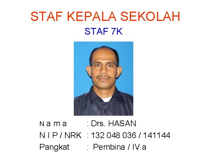 STAF KEPALA SEKOLAH STAF 7 K Nama : Drs. HASAN N I P /