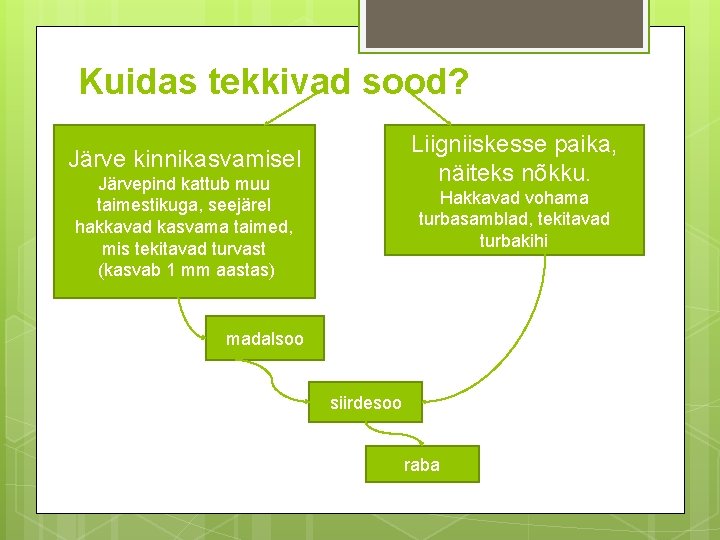 Kuidas tekkivad sood? Liigniiskesse paika, näiteks nõkku. Järve kinnikasvamisel Järvepind kattub muu taimestikuga, seejärel