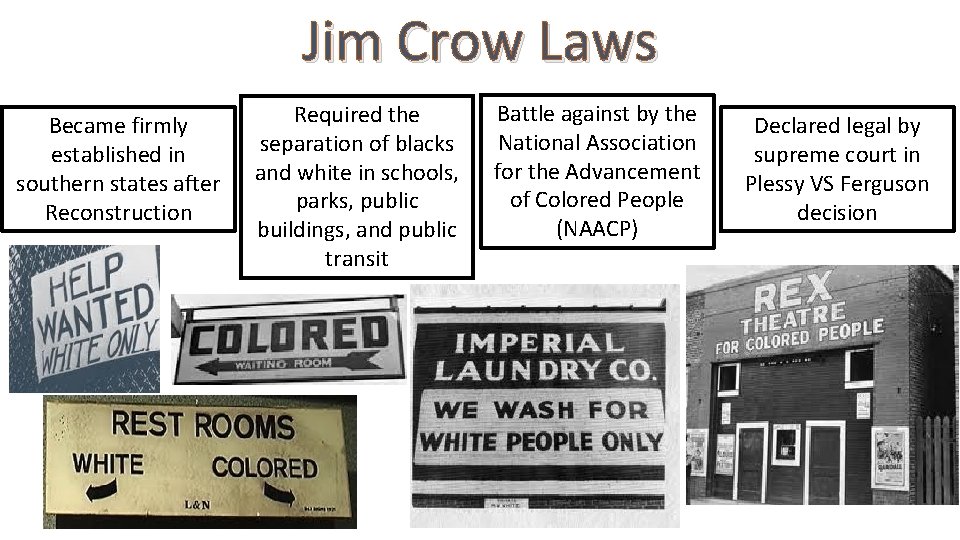 Jim Crow Laws Became firmly established in southern states after Reconstruction Required the separation