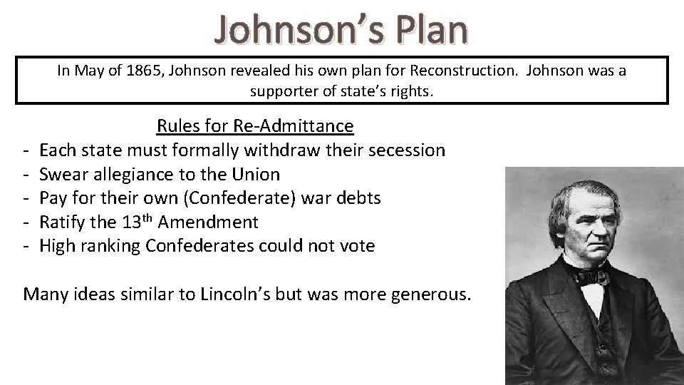 Johnson’s Plan In May of 1865, Johnson revealed his own plan for Reconstruction. Johnson