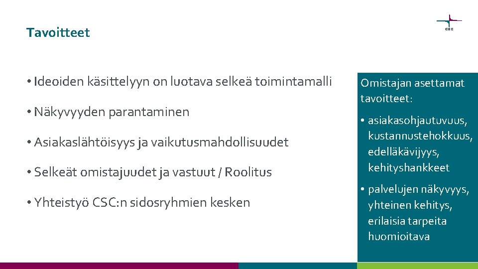 Tavoitteet • Ideoiden käsittelyyn on luotava selkeä toimintamalli • Näkyvyyden parantaminen • Asiakaslähtöisyys ja