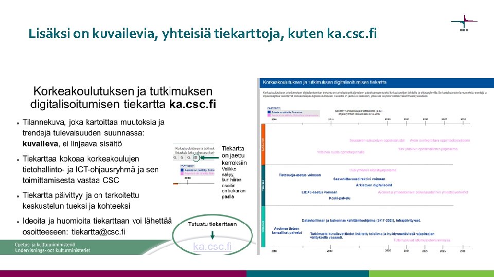Lisäksi on kuvailevia, yhteisiä tiekarttoja, kuten ka. csc. fi 