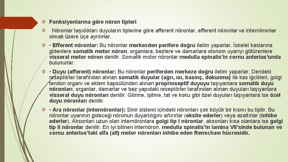  Fonksiyonlarına göre nöron tipleri Nöronlar taşıdıkları duyuların tiplerine göre afferent nöronlar, efferent nöronlar