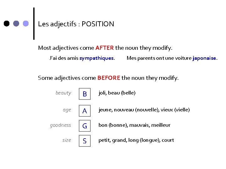 Les adjectifs : POSITION Most adjectives come AFTER the noun they modify. J’ai des Les adjectifs : POSITION Most adjectives come AFTER the noun they modify. J’ai des
