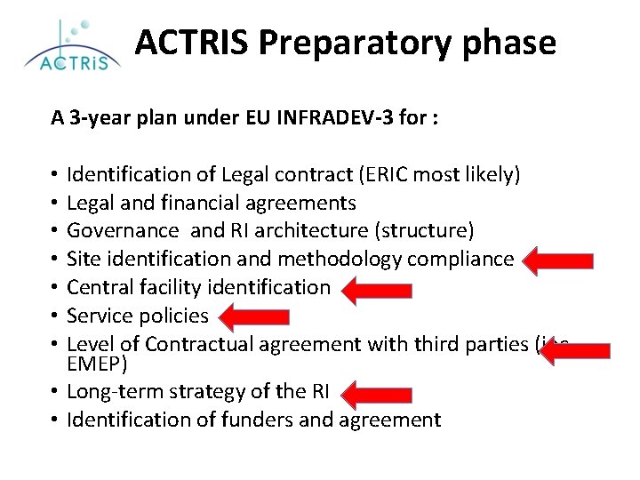 ACTRIS Preparatory phase A 3 -year plan under EU INFRADEV-3 for : Identification of
