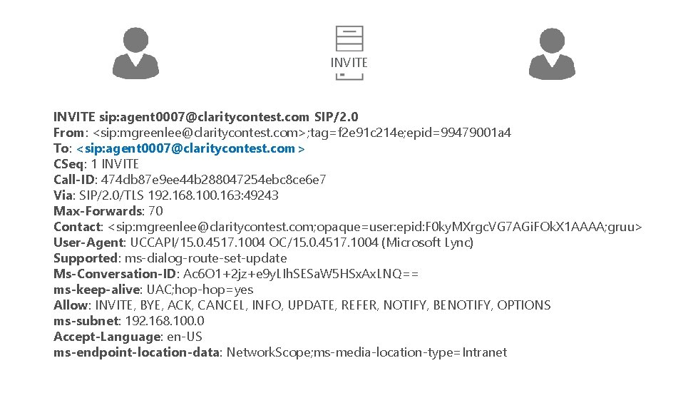 INVITE sip: agent 0007@claritycontest. com SIP/2. 0 From: <sip: mgreenlee@claritycontest. com>; tag=f 2 e
