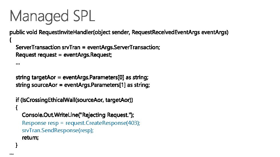 Response resp = request. Create. Response(403); srv. Tran. Send. Response(resp); 