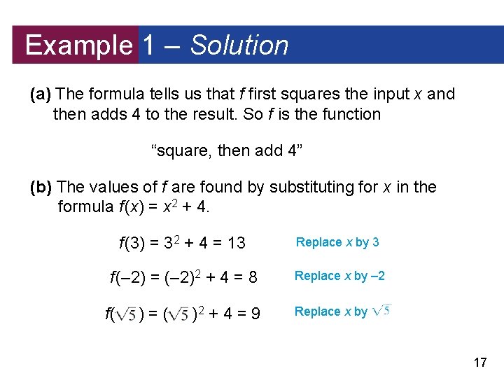 Example 1 – Solution (a) The formula tells us that f first squares the