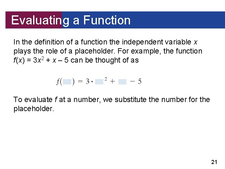 Evaluating a Function In the definition of a function the independent variable x plays