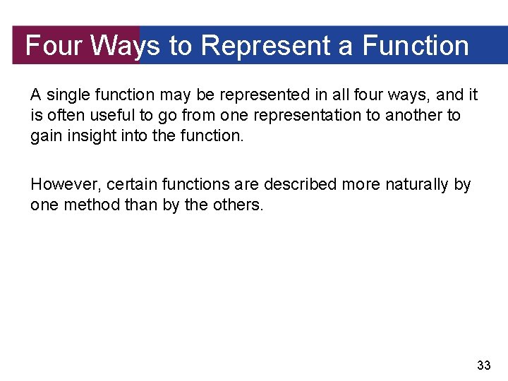 Four Ways to Represent a Function A single function may be represented in all