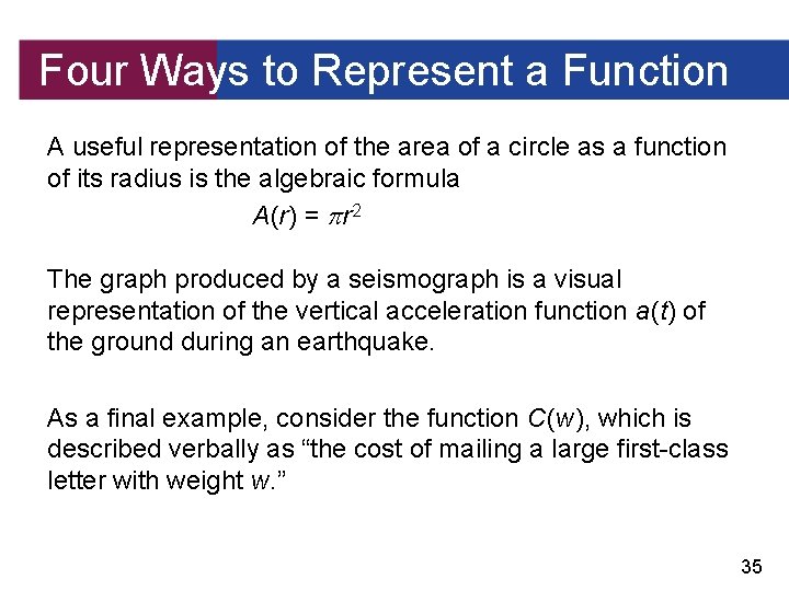 Four Ways to Represent a Function A useful representation of the area of a