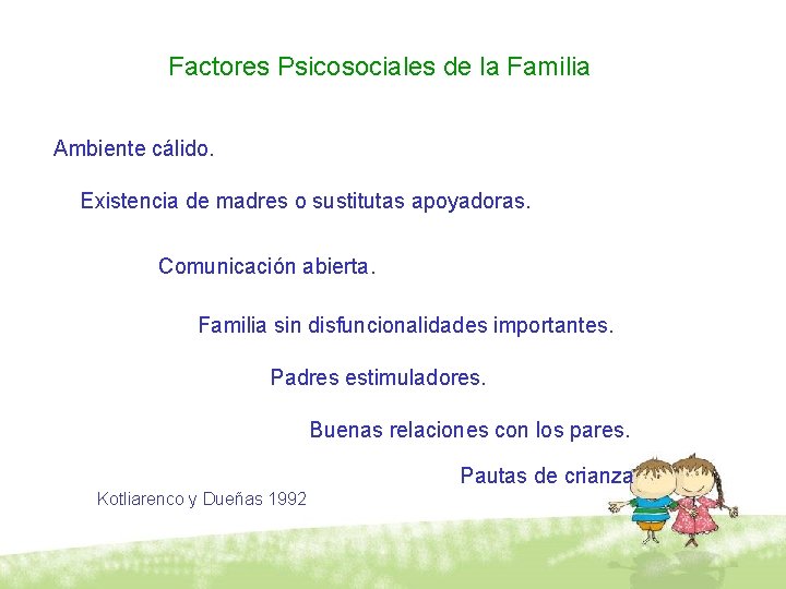 Factores Psicosociales de la Familia Ambiente cálido. Existencia de madres o sustitutas apoyadoras. Comunicación