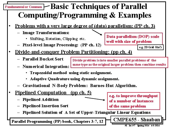 Basic Techniques of Parallel Computing/Programming & Examples Fundamental or Common • Problems with a