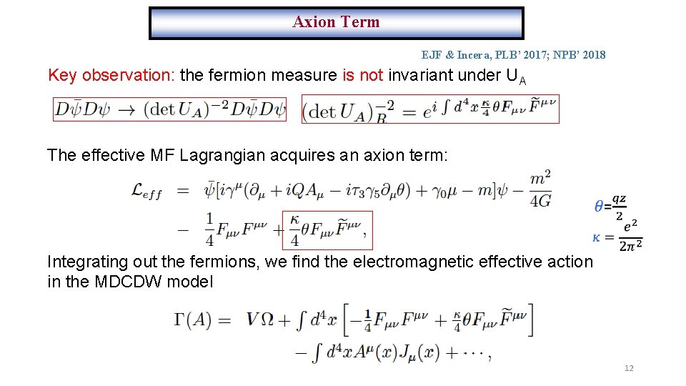 Axion Term EJF & Incera, PLB’ 2017; NPB’ 2018 Key observation: the fermion measure