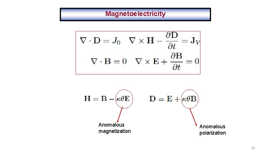 Magnetoelectricity Anomalous magnetization Anomalous polarization 15 