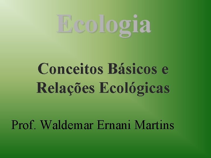 Ecologia Conceitos Básicos e Relações Ecológicas Prof. Waldemar Ernani Martins 