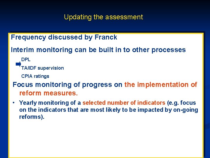 Updating the assessment Frequency discussed by Franck Interim monitoring can be built in to
