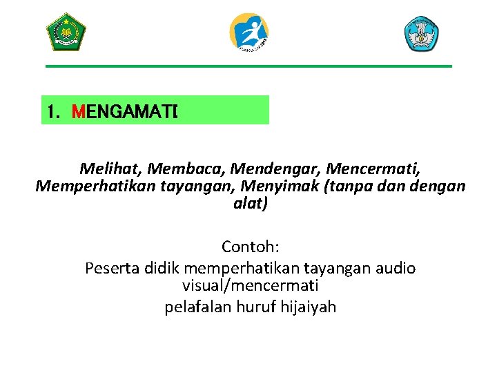 1. MENGAMATI Melihat, Membaca, Mendengar, Mencermati, Memperhatikan tayangan, Menyimak (tanpa dan dengan alat) Contoh: