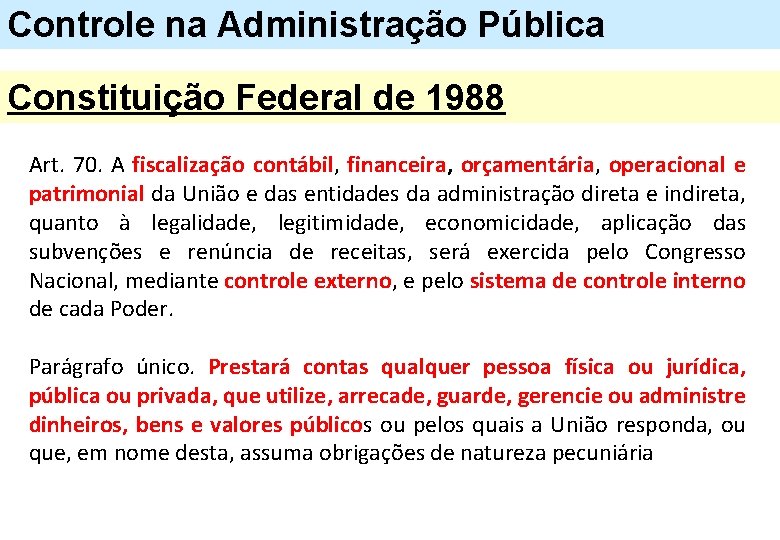 Controle na Administração Pública Constituição Federal de 1988 Art. 70. A fiscalização contábil, financeira,