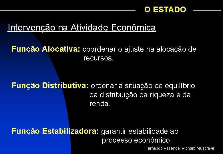 O ESTADO Intervenção na Atividade Econômica Função Alocativa: coordenar o ajuste na alocação de