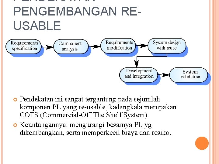 PENDEKATAN PENGEMBANGAN REUSABLE Pendekatan ini sangat tergantung pada sejumlah komponen PL yang re-usable, kadangkala