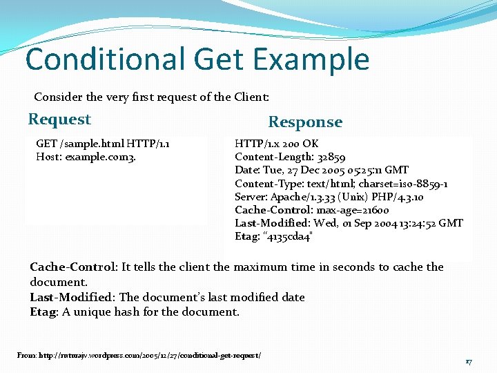 Conditional Get Example Consider the very first request of the Client: Request GET /sample.
