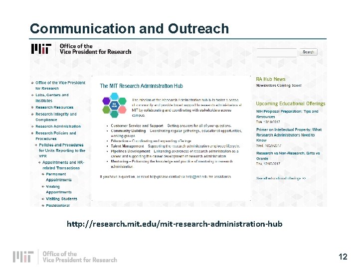 Communication and Outreach http: //research. mit. edu/mit-research-administration-hub 12 