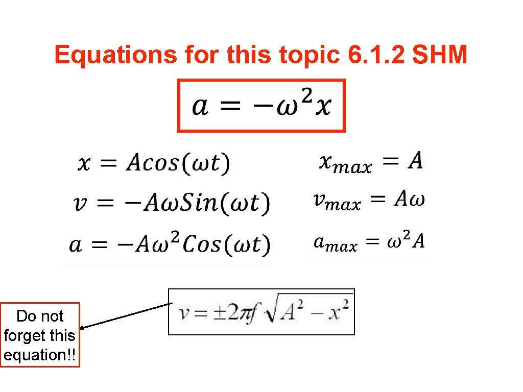 Equations for this topic 6. 1. 2 SHM Do not forget this equation!! 