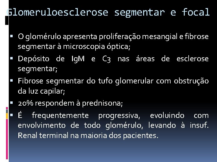 Glomeruloesclerose segmentar e focal O glomérulo apresenta proliferação mesangial e fibrose segmentar à microscopia