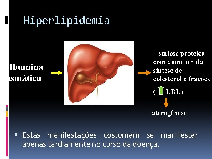 Hiperlipidemia ↓ albumina plasmática ↑ síntese proteica com aumento da síntese de colesterol e