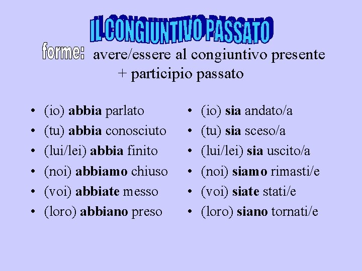 avere/essere al congiuntivo presente + participio passato • • • (io) abbia parlato (tu)