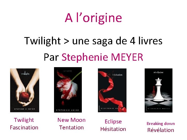 A l’origine Twilight > une saga de 4 livres Par Stephenie MEYER Twilight Fascination