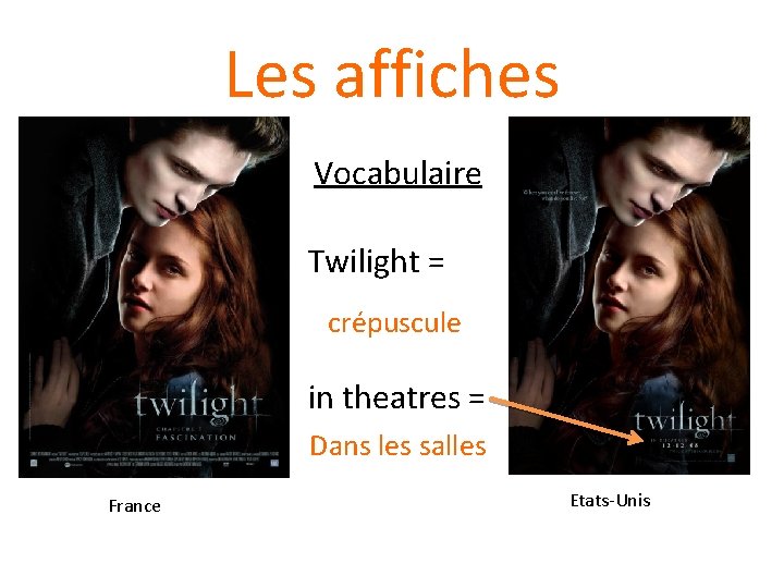 Les affiches Vocabulaire Twilight = crépuscule in theatres = Dans les salles France Etats-Unis