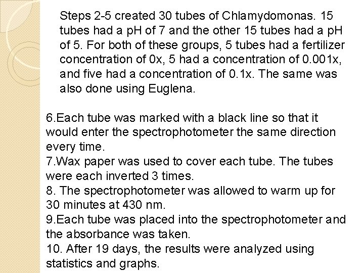 Steps 2 -5 created 30 tubes of Chlamydomonas. 15 tubes had a p. H
