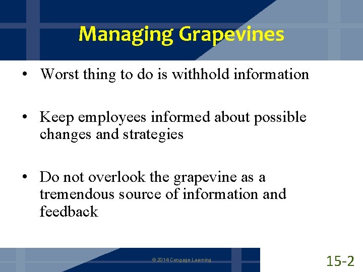 Managing Grapevines • Worst thing to do is withhold information • Keep employees informed