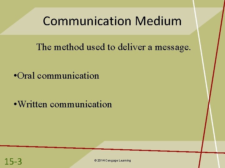 Communication Medium The method used to deliver a message. • Oral communication • Written
