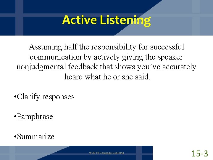 Active Listening Assuming half the responsibility for successful communication by actively giving the speaker